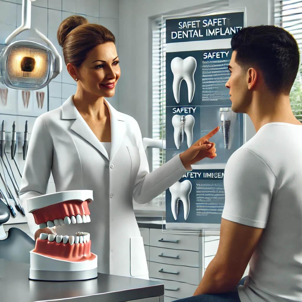 DALL·E 2024-07-25 20.19.14 - A realistic dental office scene discussing the safety of dental implants. The scene features a middle-aged Hispanic female dentist in a white lab coat (1)