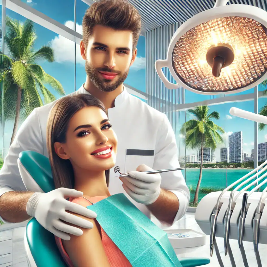 DALL·E 2025-03-02 17.54.25 - A vibrant and modern dental clinic in Miami, Florida, with a skilled cosmetic dentist attending to a patient. The clinic has a sleek and luxurious des