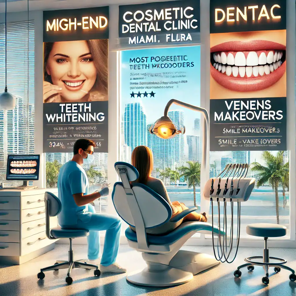 DALL·E 2025-03-17 12.56.07 - A high-end cosmetic dental clinic in Miami, Florida, showcasing the most popular cosmetic dental procedures. The image features a bright, modern clini