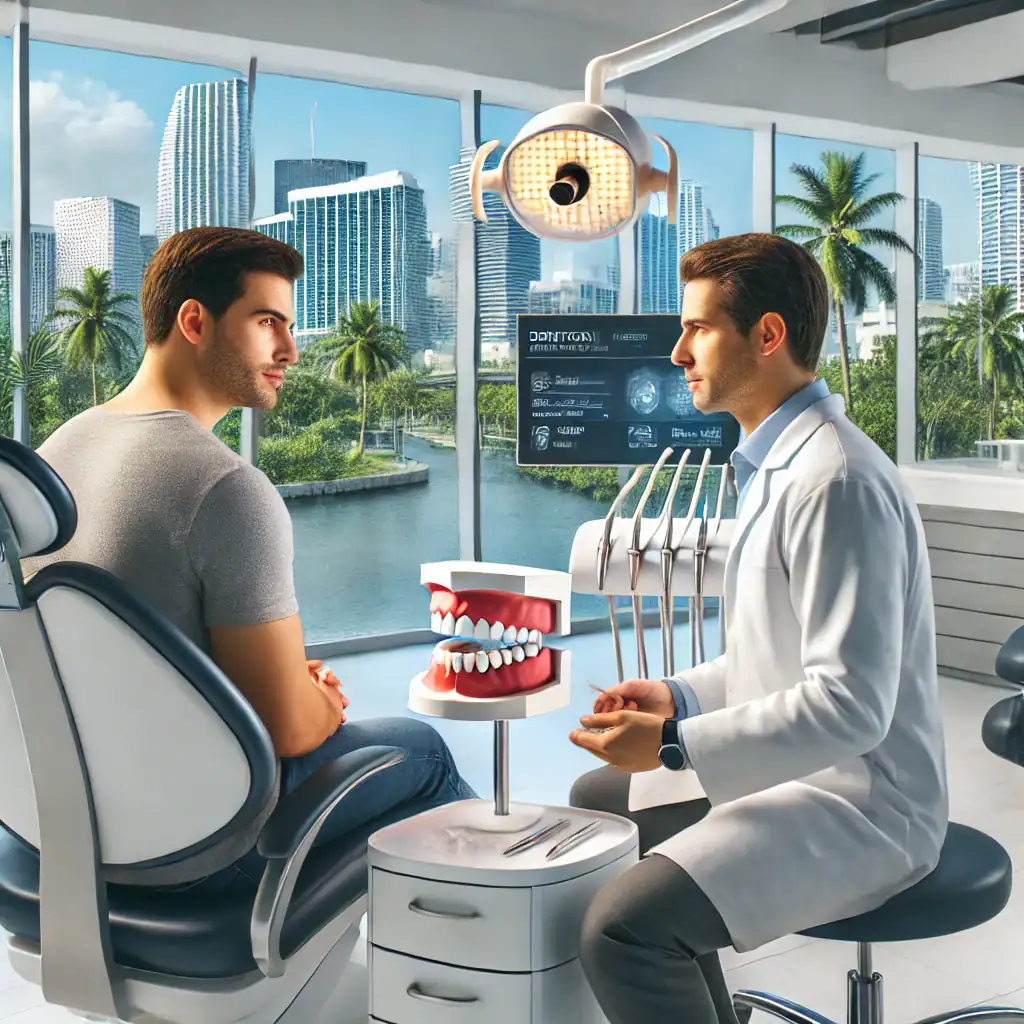 DALL·E 2025-03-17 13.24.51 - A photorealistic image of a patient consulting with a skilled dentist in a modern dental clinic in Miami, Florida. The patient is asking questions and