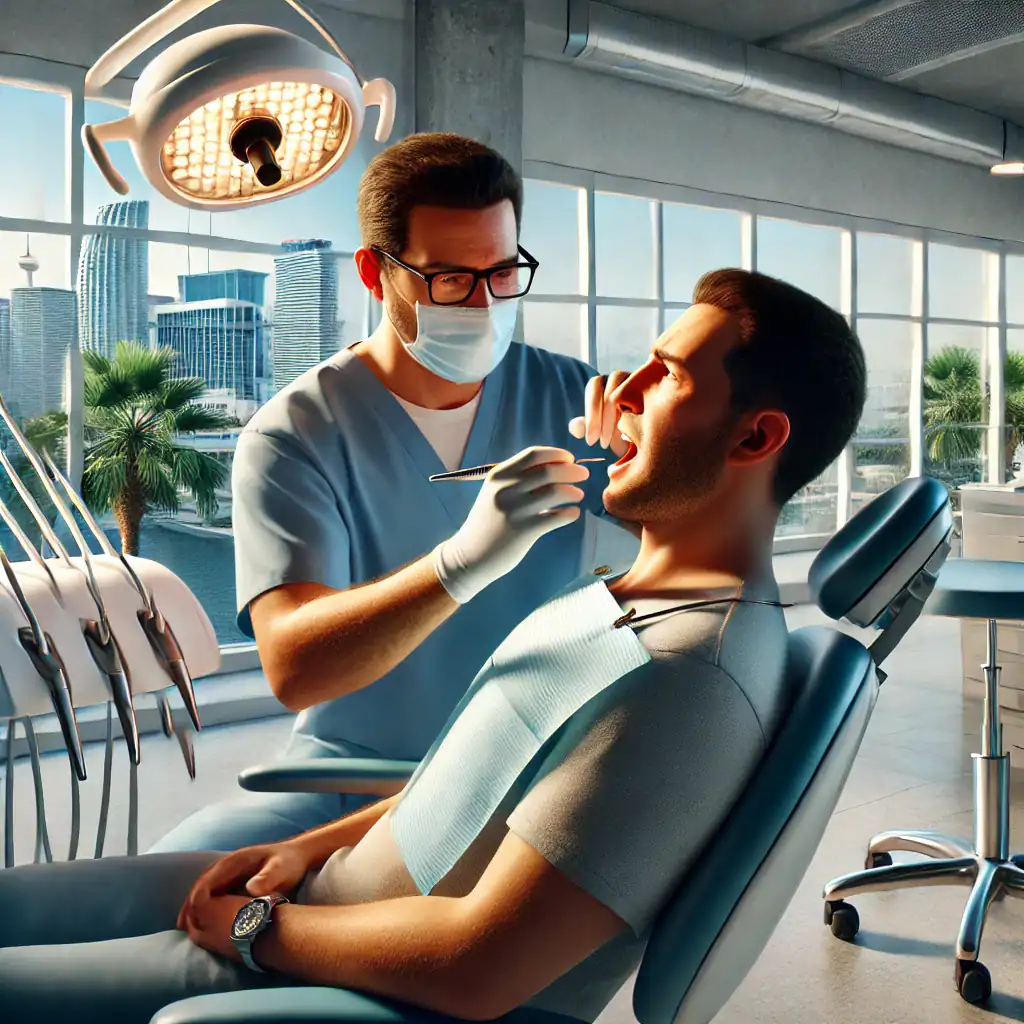 DALL·E 2025-03-17 15.35.28 - A photorealistic image of an emergency dental clinic in Miami, Florida. A concerned patient is receiving urgent dental care from a skilled dentist in