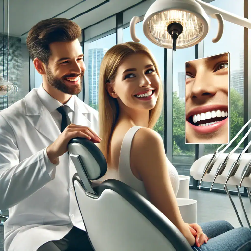 DALL·E 2025-03-17 15.46.01 - A photorealistic image of a highly trusted cosmetic dentist in Miami, Florida, interacting with a happy patient. The modern dental clinic features sta